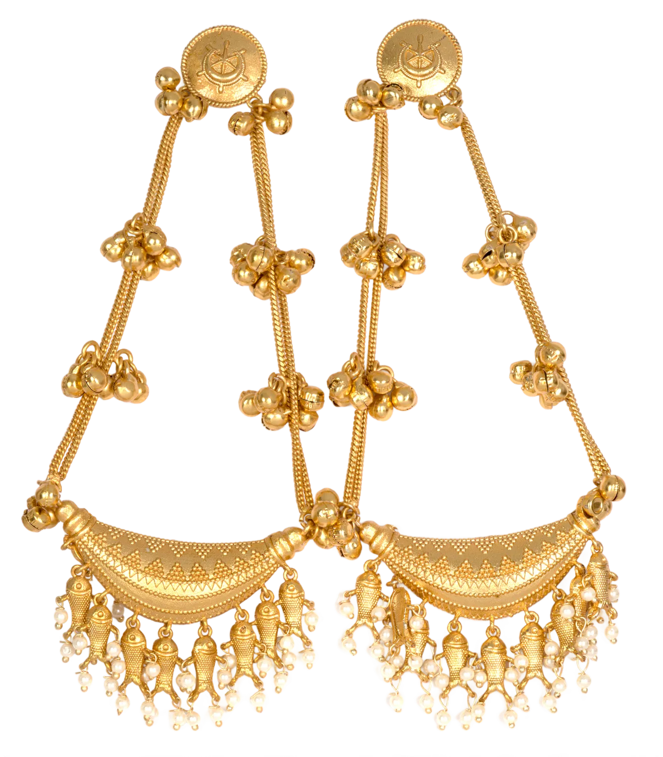 Traditional Gold Chain Chandbali Earrings with Pearl Drops